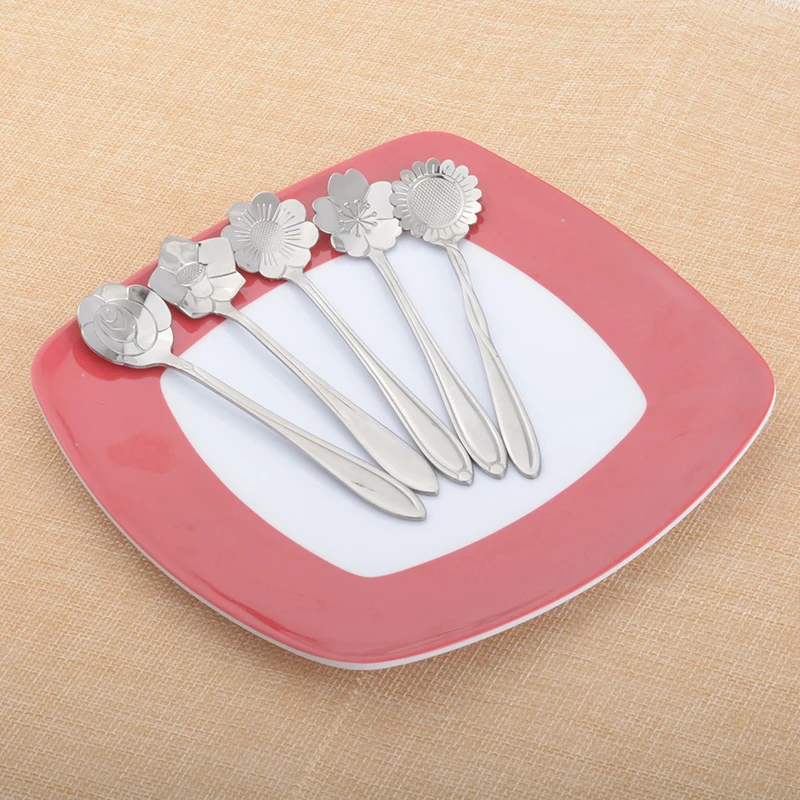 5 шт. набор Серебряной ложки из нержавеющей стали в форме цветка сахар чай