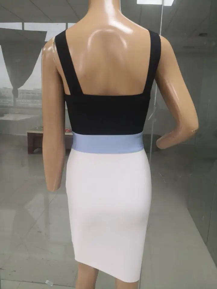 

2019 New black white Women Dress Patchwork Square Collar Spaghetti Strap Bodycon Vestidos Celebrity Evening Party bandage Dress