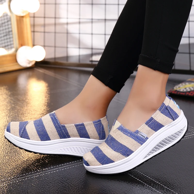 

Hot Sale Women's Slip On Toning Walking Shoes Casual Canvas Platform Wedges Height Increasing Trainers for Aged Woman