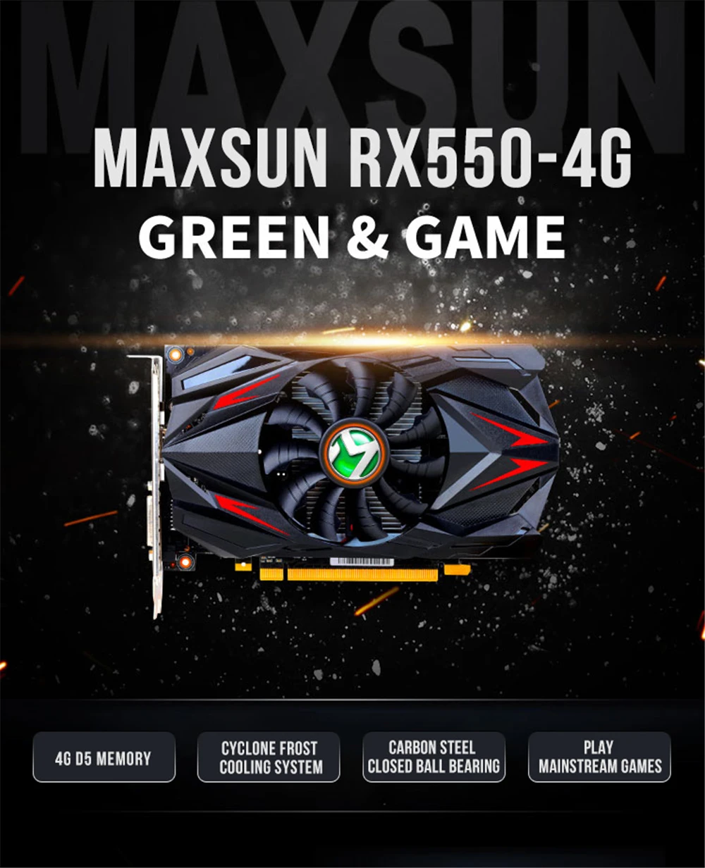 Видеокарта MAXSUN видеокарта Redon RX 550 4G GDDR5 6000MHz 128bit 1183MHz PWM DirectX 12 HDMI+ DP+ DVI 512 блок RX550