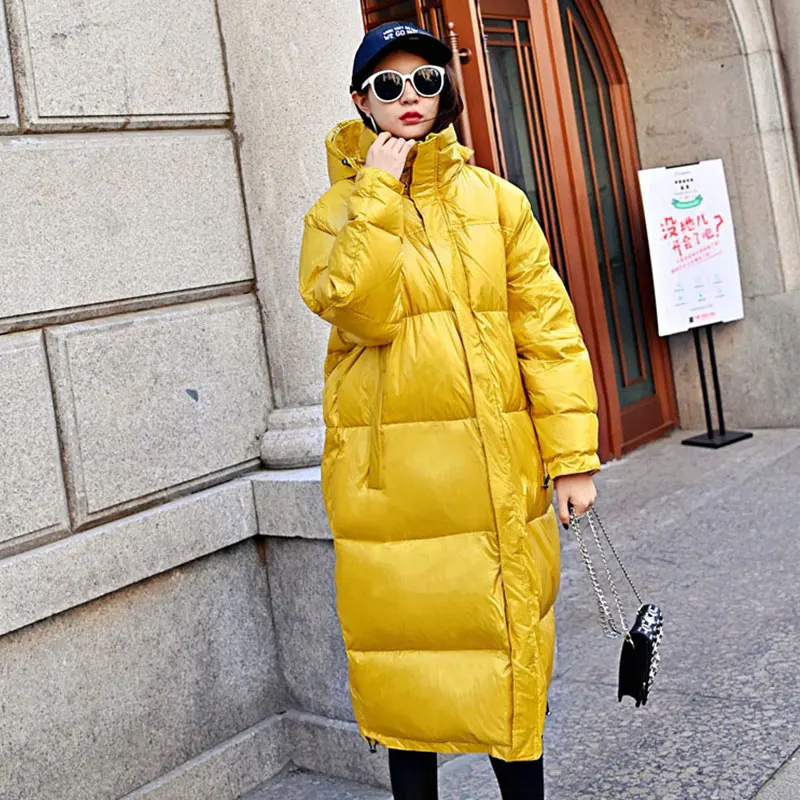 Yellow Waterproof Glossy Winter 90% White Duck Down Jacket Women Hooded Long Down Parka New Arrival Straight Womens Down Coats 168 - Цвет: Yellow