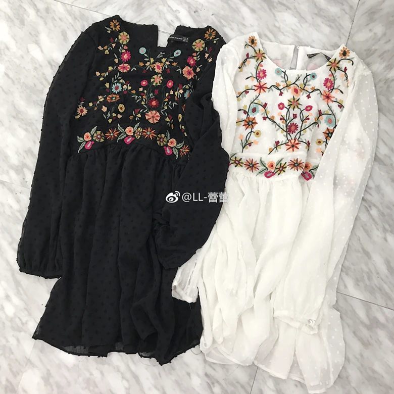 2017 Autumn Women Chic Black /White Floral Embroidered Vintage Mini Dress Ladies See-through Long Sleeve Chiffon Dresses | Женская