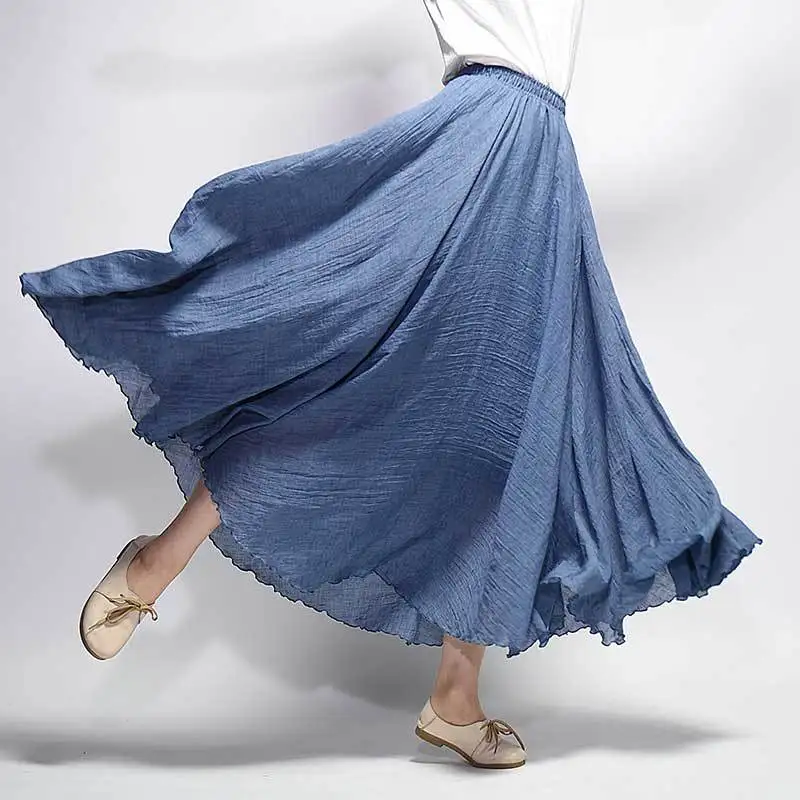 Женская длинная юбка из хлопка и льна винтажная плиссированная трапециевидная - Фото №1