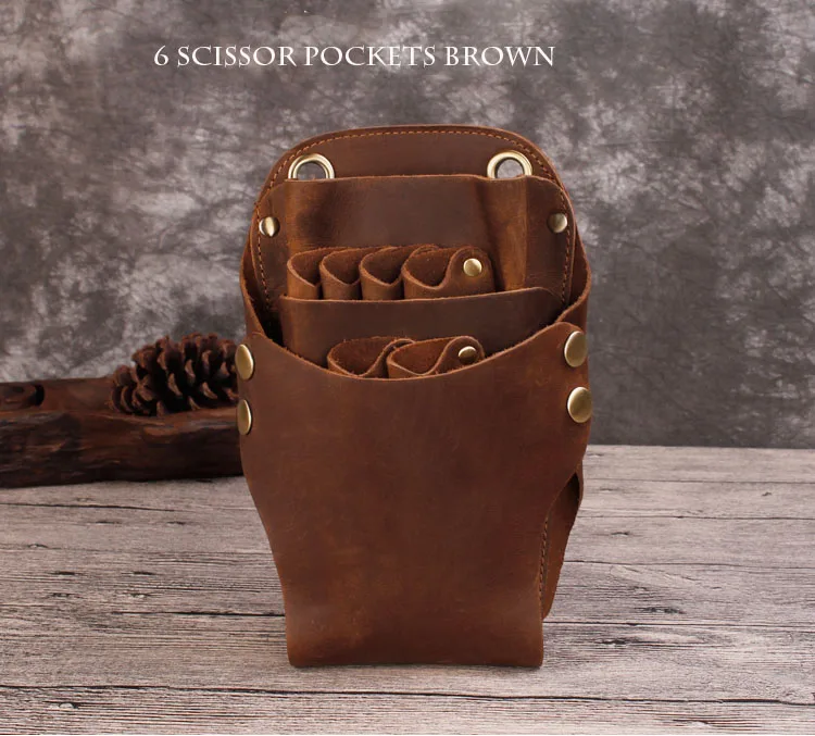 BROWN 6 POCKETS Мужская сумка Crazy Horse из кожи для домашних животных, ножницы для красоты, сумка через плечо, поясная сумка ручной работы из натуральной кожи, сумка на плечо - Цвет: BROWN 6 POCKETS