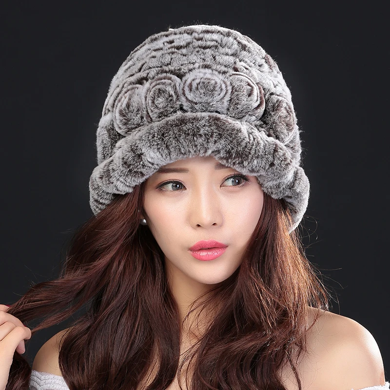 

HSPL Winter Caps For Women 100% Natural Rex Rabbit Fur Winter Hat For Lady Fashion Fur Cap Warm Beanies Lady headwear Bone