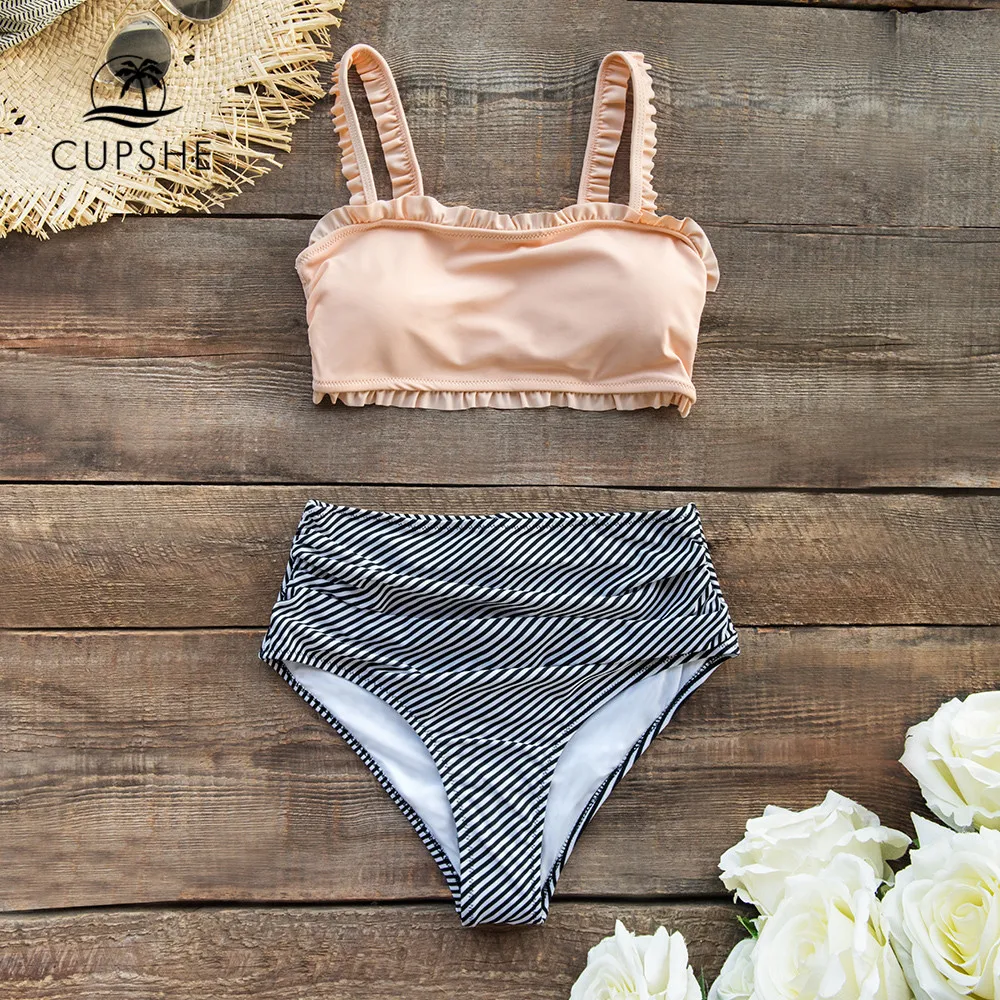 CUPSHE гофрированное бикини бандо с высокой талией купальник два предмета для