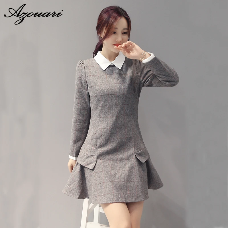 Azouari 2016 новой осенне зимней моды женщин одежда с длинным рукавом шерстяное платье