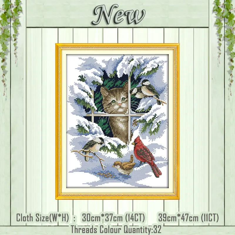 Cat and birds Снег Рождество кошки живопись с котенком Счетный напечатанный на холсте DMC 14CT 11CT китайский вышивка крестом наборы для вышивания - Цвет: Cat and birds