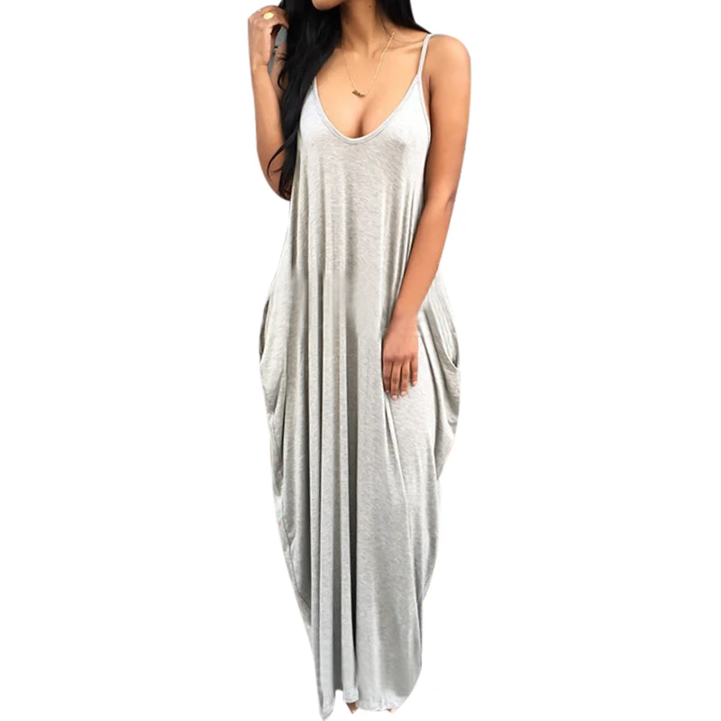 LASPERAL Loose Dresses Women Casual Solid Spaghetti Strap Pockets Dress Vestidos Summer Sexy V Neck Irregular Long Maxi | Женская одежда