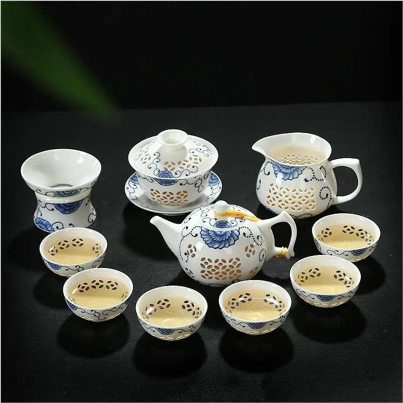 Чайный горшок 10 шт. чайный набор кунг фу сервиз с кристаллами льда синим и белым