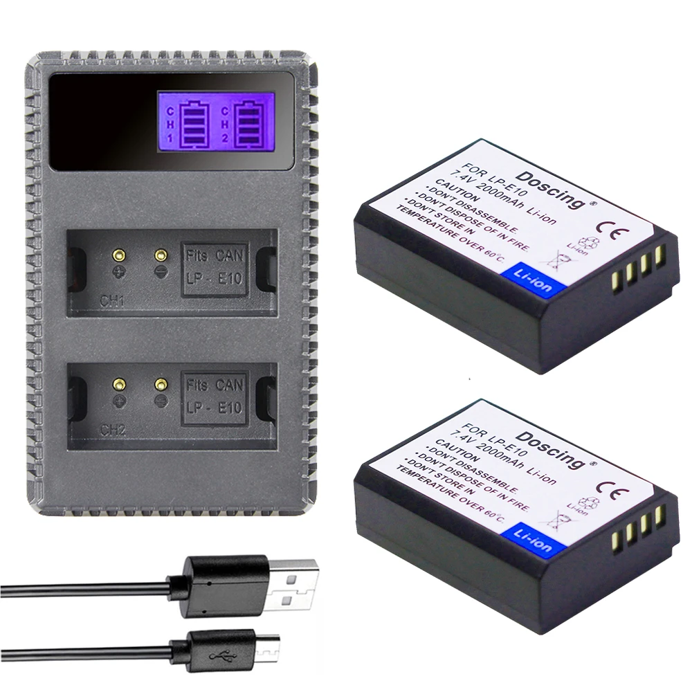 Аккумулятор для фотоаппарата 2x LP-E10 LP E10 LPE10 + двойное зарядное устройство USB с