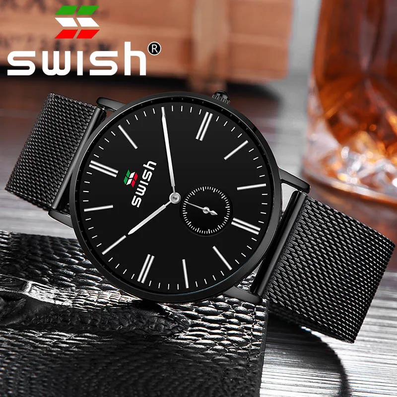 SWISH 2020 новые черные повседневные Модные кварцевые часы с сетчатым ремешком
