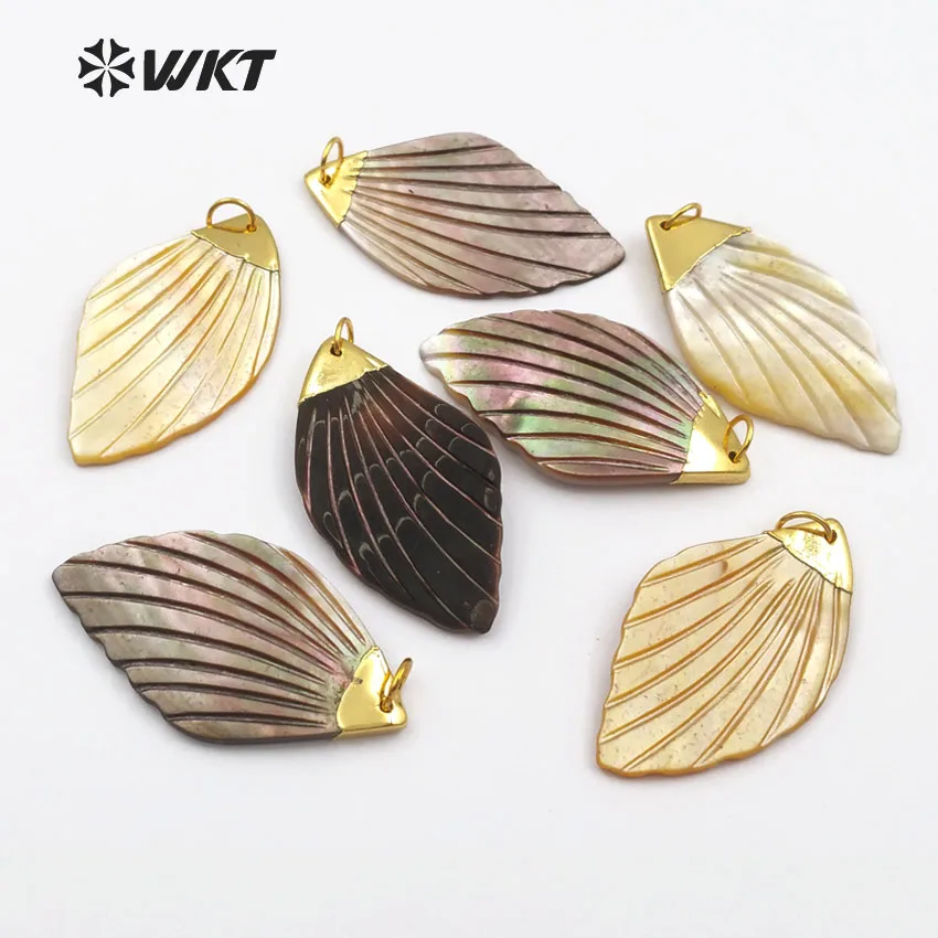 

WT-JP070 WKT Dainty Carved Yellow Grey Black Shell Pendant Gold Capped With Circle Hoop Charm For Women Vogue Jewelry Making
