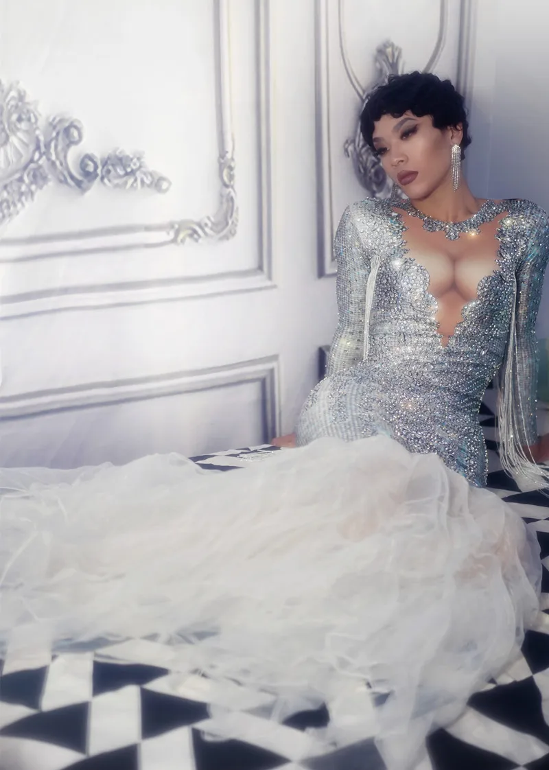 

Sexy Nightclub Women Prom Mermaid Dress Long Sleeve Rhinstones Performance Costumes Dress One Piece Stretch Skinny Women Dress