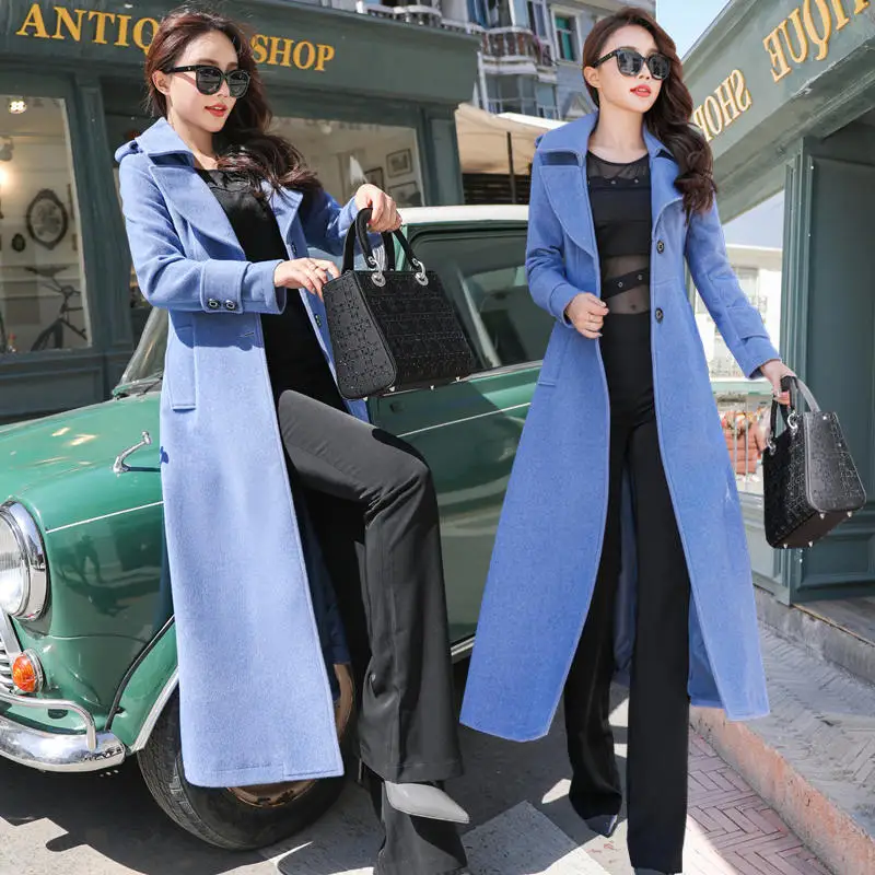 blue coat Супер длинное шерстяное пальто размера плюс 3XL, женское манто, Модное Элегантное зимнее пальто, женская теплая верхняя одежда с отворотом, Женская парка C5128 - Цвет: blue coat