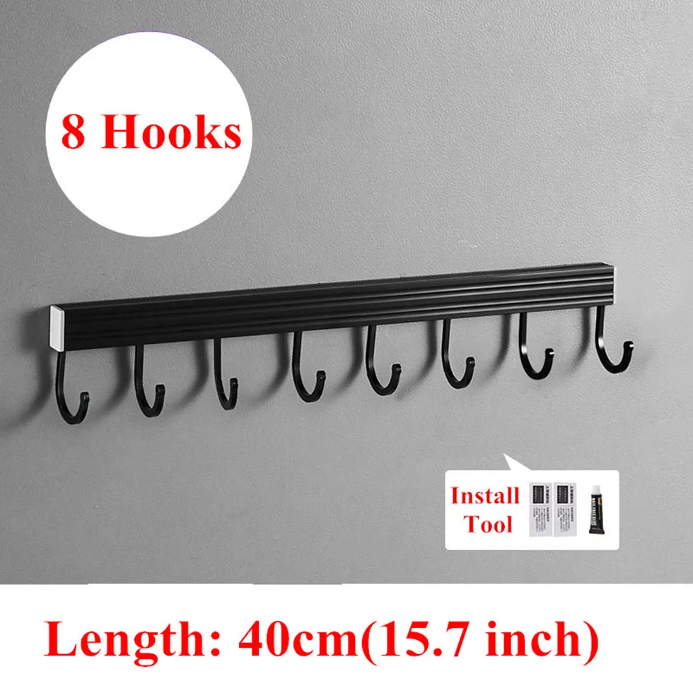 40cm 8 hooks Настенный Черный Космический алюминиевый держатель для кухонной стойки, держатель для инструментов, одинарный бар, удобная лента для хранения ножей, инструмент для кухонной утвари - Цвет: 40cm 8 hooks