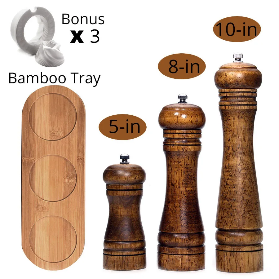 5 8 10 inch and tray Мельницы для соли и перца, мельница для перца из твердой древесины с сильной регулируемой Керамической шлифовальной машиной " 8" 1"-кухонные инструменты от Leeseph - Цвет: 5 8 10 inch and tray