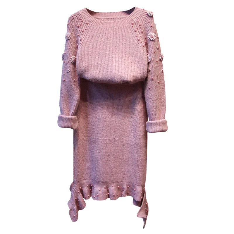 New Autumn Winter Fashion Women's Sets Pink Beading Knitted Sweaters+ Slim Hip Sheath Skirts Female Skirt and Top Suits