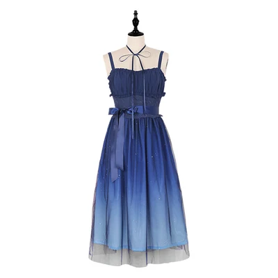 Long Dress Старое голубое градиентное женское летнее платье на подтяжках, двухслойное платье с вуалью Феи Кэй, платье лолиты и внутренняя белая рубашка - Цвет: Long Dress