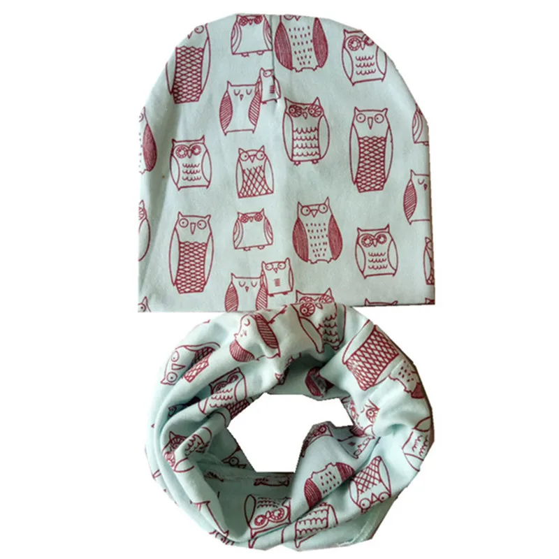 owl light green Хлопковая детская шапка, шарф, шапка для девочек, шапки для мальчиков, детский шарф-кольцо для малышей от 0 до 3 лет, осенне-зимняя вязаная шапка для детей, комплект, детская шапка - Цвет: owl light green