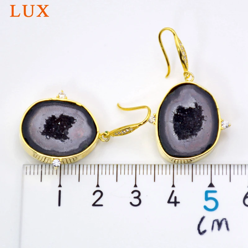 Мини Табаско Geode висячие серьги блестящие черные Druzy Geodes Позолоченные ободки из стерлингового серебра 925 пробы инкрустированный цирконами