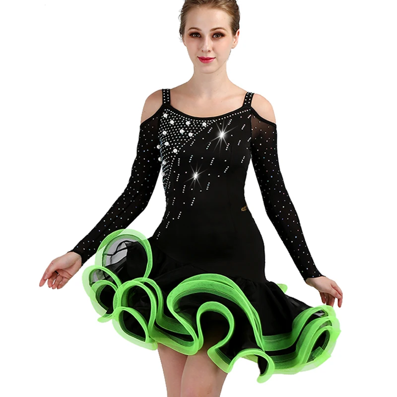 

New Lady dance Clothing Latin Dance Stage Costumes Ruffle Style Dancing Dress For Women ballroom tango Dancewear green