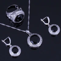astonishing round black cubic zirconia white cz silver plated jewelry sets earrings pendant chain ring v0990