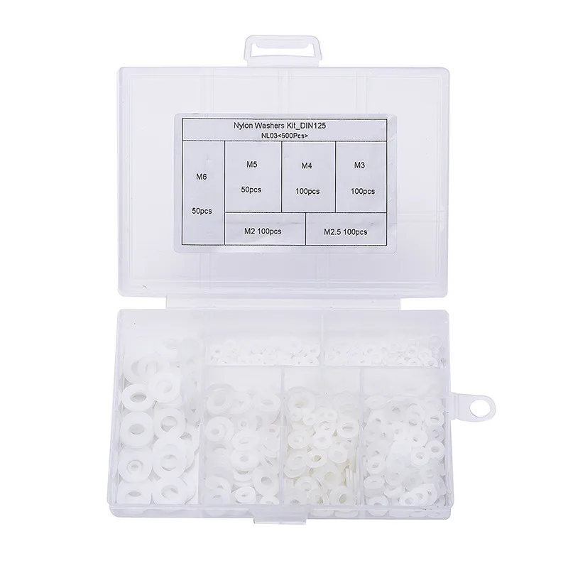 

500 шт. в одной коробке, M2 M2.5 M3 M4 M5 M6, черная или белая пластиковая нейлоновая шайба с покрытием, плоская прокладка, шайба, уплотнители, комплект...
