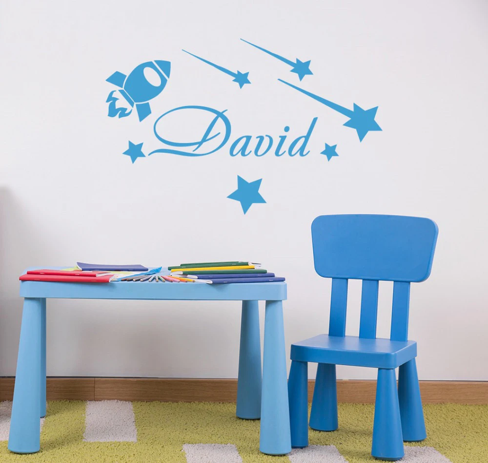 

Custom Name Rocket Stars Pattern Wall Sticker Kids Nursery Room Decoration Boys Decor Vinyl Art Removable Poster Decor W276