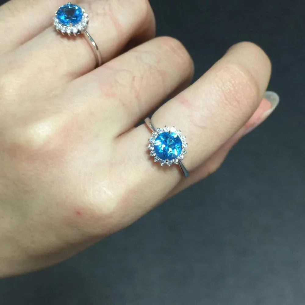 Dia 7mm Carat Natural Blue Topaz Gem Stone Ring Women Solid 925 Sterling Silver Band Original Jewelry Engagement Bijou Gift | Украшения и
