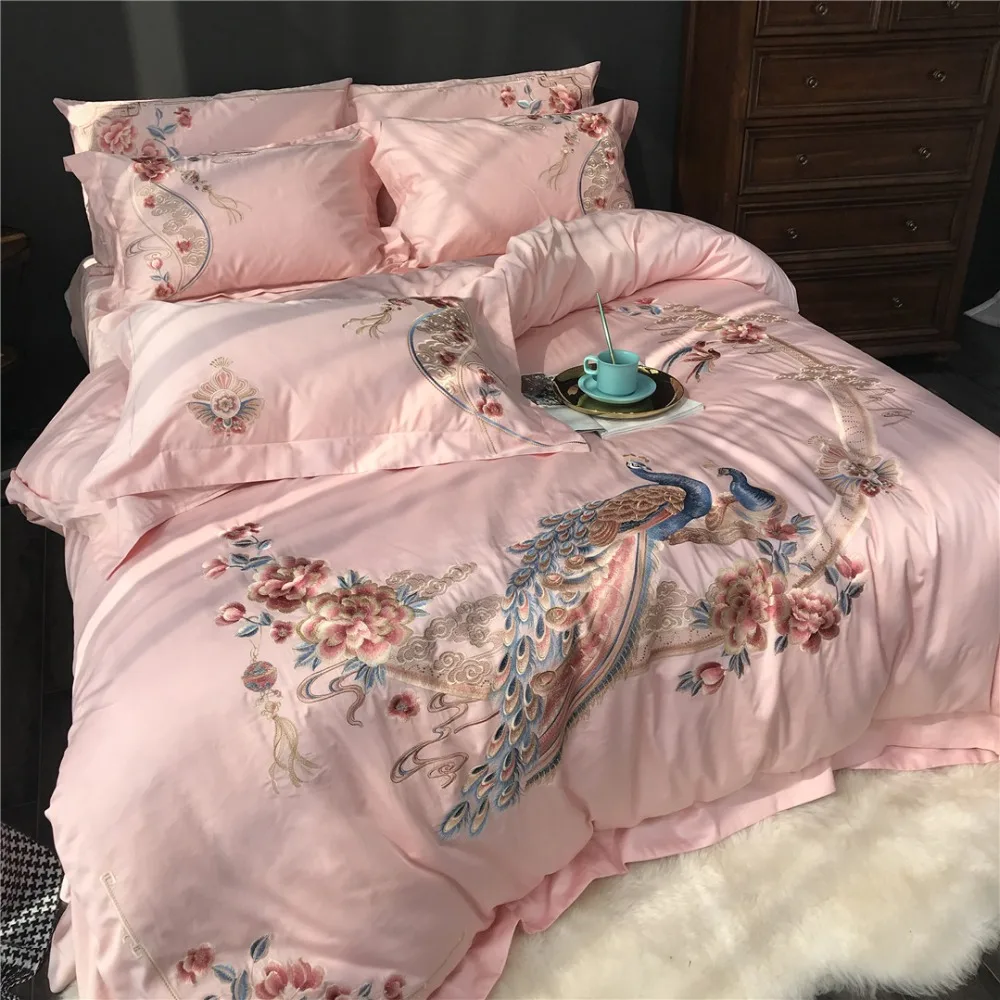 

luxury Embroidered 120S Egyeptian cotton Pink Peacock Bedding set Queen King Princess Duvet cover Bed sheet set Pillowcases 4pcs