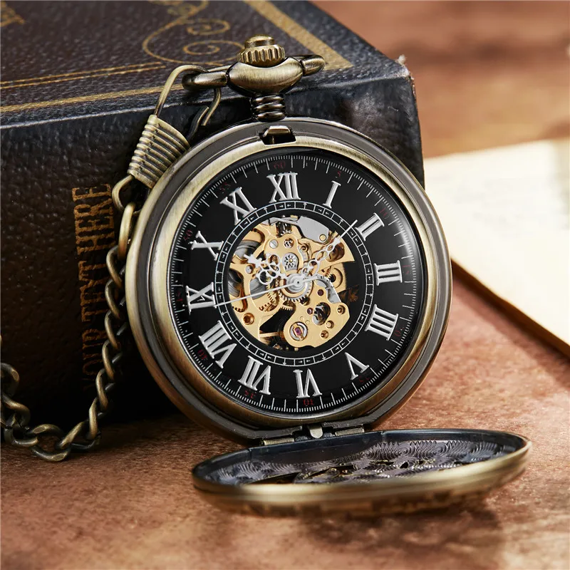 Vintage Flower Phoenix Carving Roman Dial Mehanical Pocket Watch FOB Chain  Hand Wind Mechanical Mens Women Wedding Gift Watch