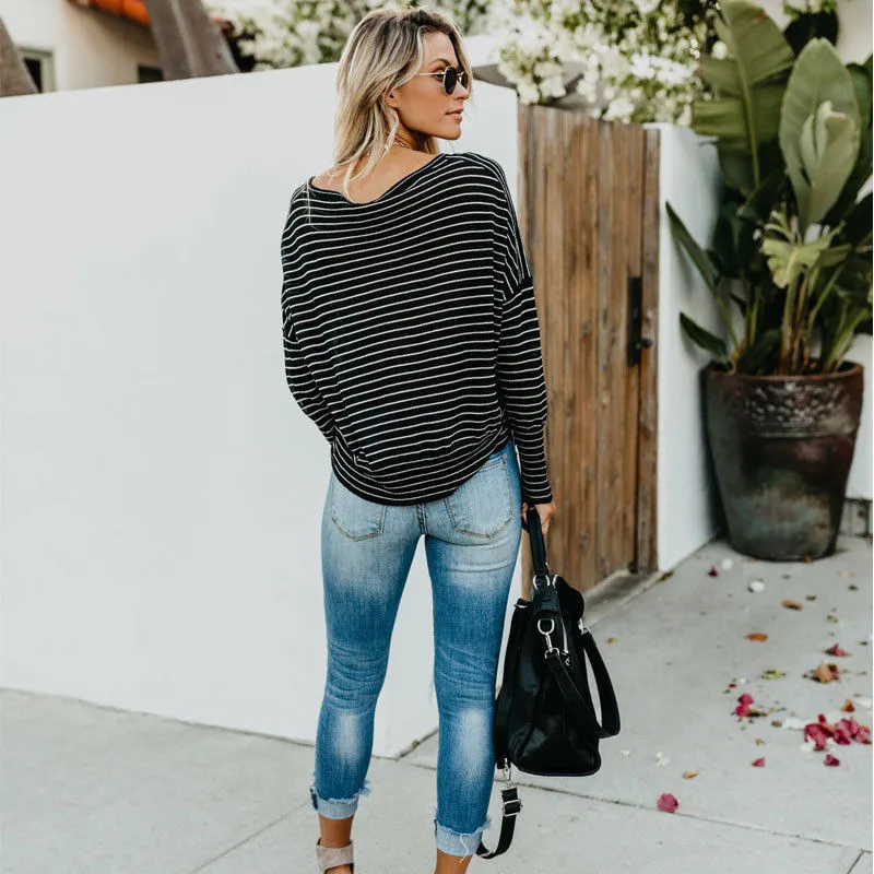 Женская рубашка в полоску Повседневная футболка с V образным вырезом и длинным