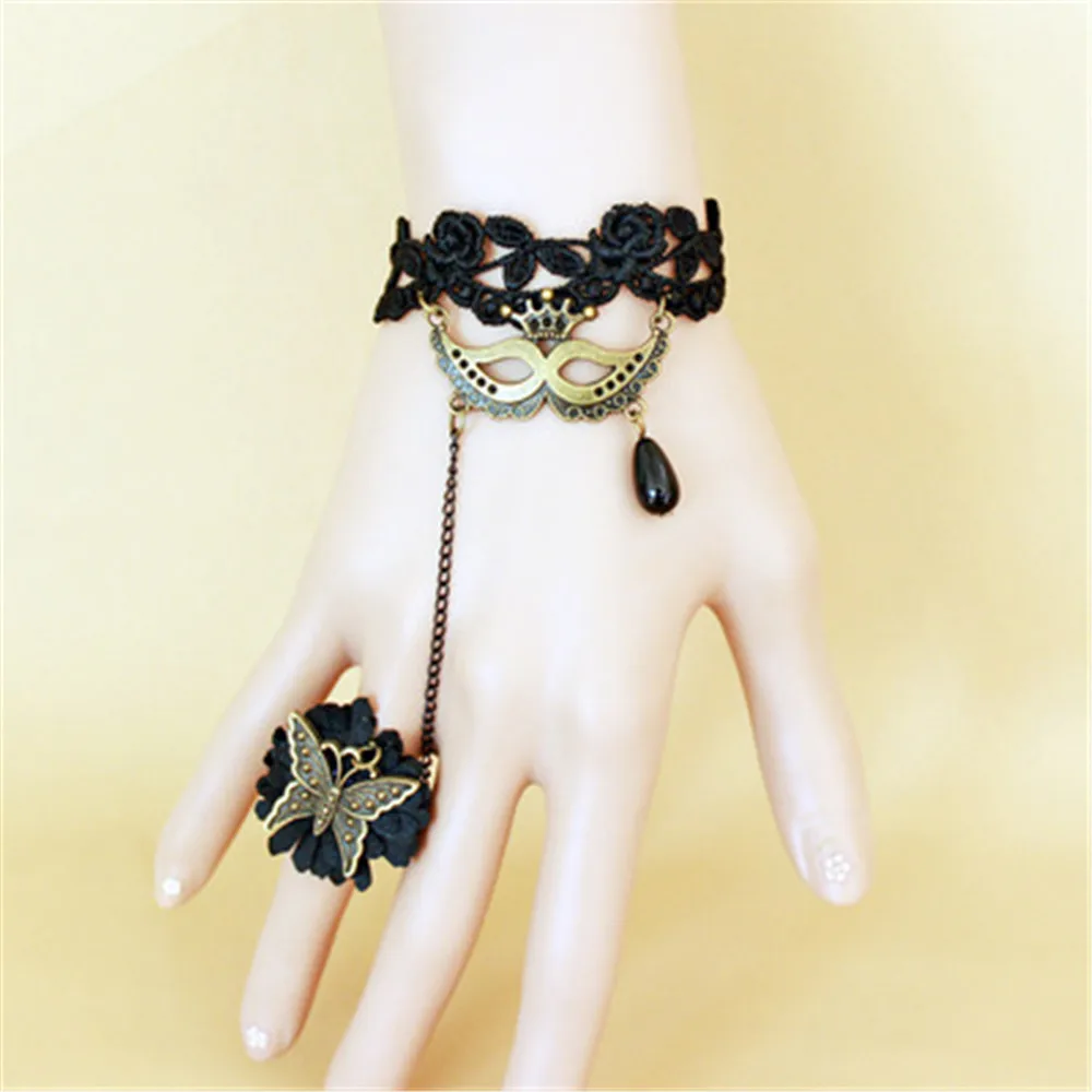 Vintage Charm Steampunk Black White Lace bracelet Retro Gothic Rose Flower Finger Hand Chain Harness bangles | Тематическая одежда