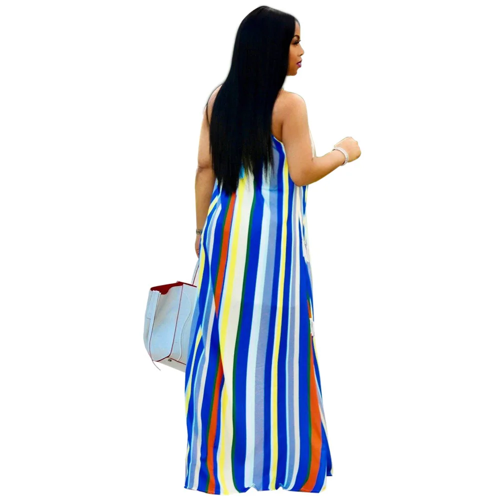 

Casual Spaghetti Strap Dress Summer Women Elegant O Neck Colorful Striped Print Loose Maxi Dress Women Vintage Summer Dress