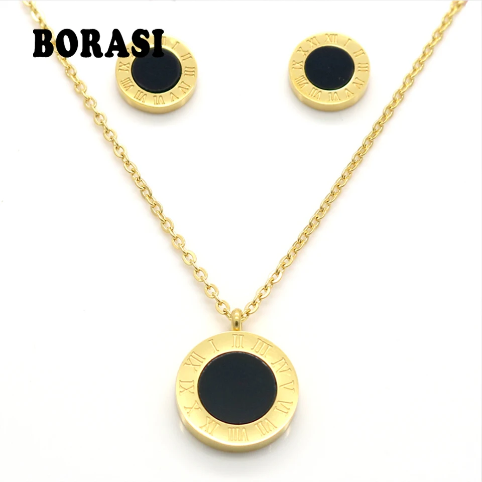 

Round Pearl Shell Jewelry Roman Numerals Stylish Two Side Gold Color Pendant Necklace Earrings Fashion Wedding Jewelry Sets