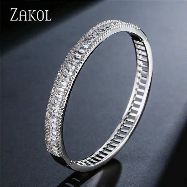 Бренд ZAKOL, высокое качество, шарм, багет, Cz циркония, кристалл, манжеты, браслеты для женщин, ювелирные изделия, Роскошные, FSBP156 - Окраска металла: White Color
