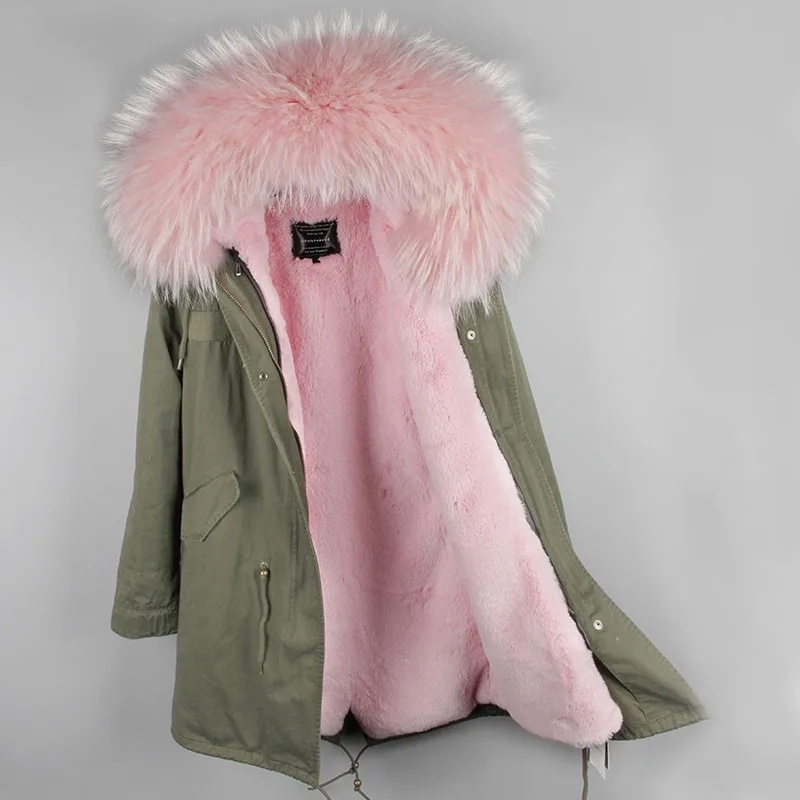 Green pink fur Бренд, женская зимняя куртка, длинная, съемная подкладка, армейский зеленый цвет, парка, большая, натуральный мех енота, пальто с капюшоном, верхняя одежда - Цвет: Green pink fur