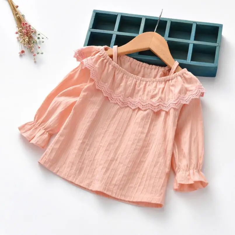 Детская кружевная блузка для девочек весна-лето 2019 с длинным рукавом и оборками