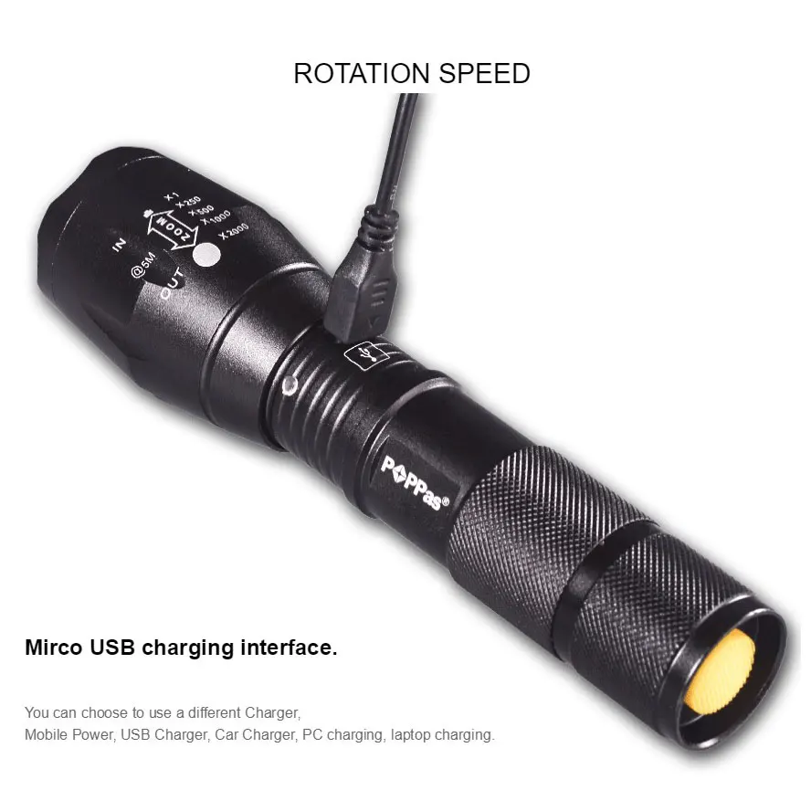 POPPAS Micro USB 1300LM CREE XML-T6 L2 Chips Flashlight LED Torch Zoomable Ultra Bright Handheld Water Resistant 2400mAh | Лампы и