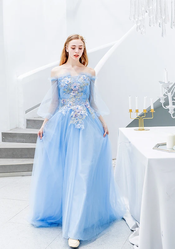 Женское вечернее платье SSYfashion синее длинное до пола с вырезом лодочкой и