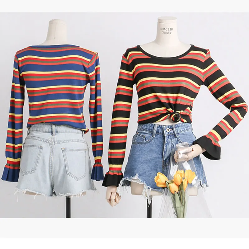 Autumn Outfit New Fashion Pullovers Contrast Color Rainbow Striped Multicolored Knit Sweater Women Flare Sleeve Pull Femme | Женская