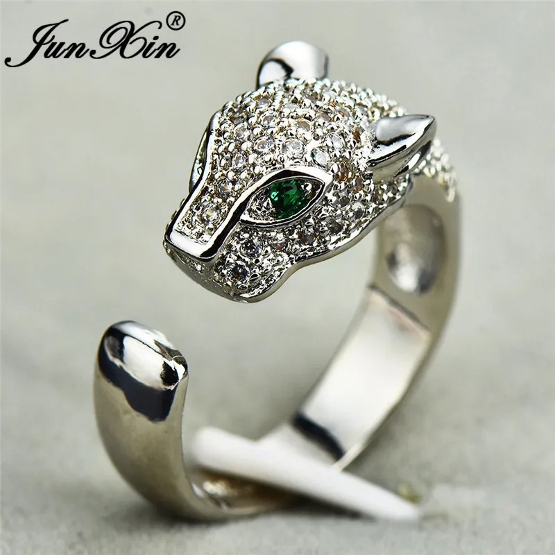 Silver Ring JUNXIN женские и мужские кольца с леопардовой головой для пары, 925 серебро, розовое золото, заполненное белым кристаллом, кольцо с зеленым камнем для мужчин и женщин - Цвет основного камня: Silver Ring