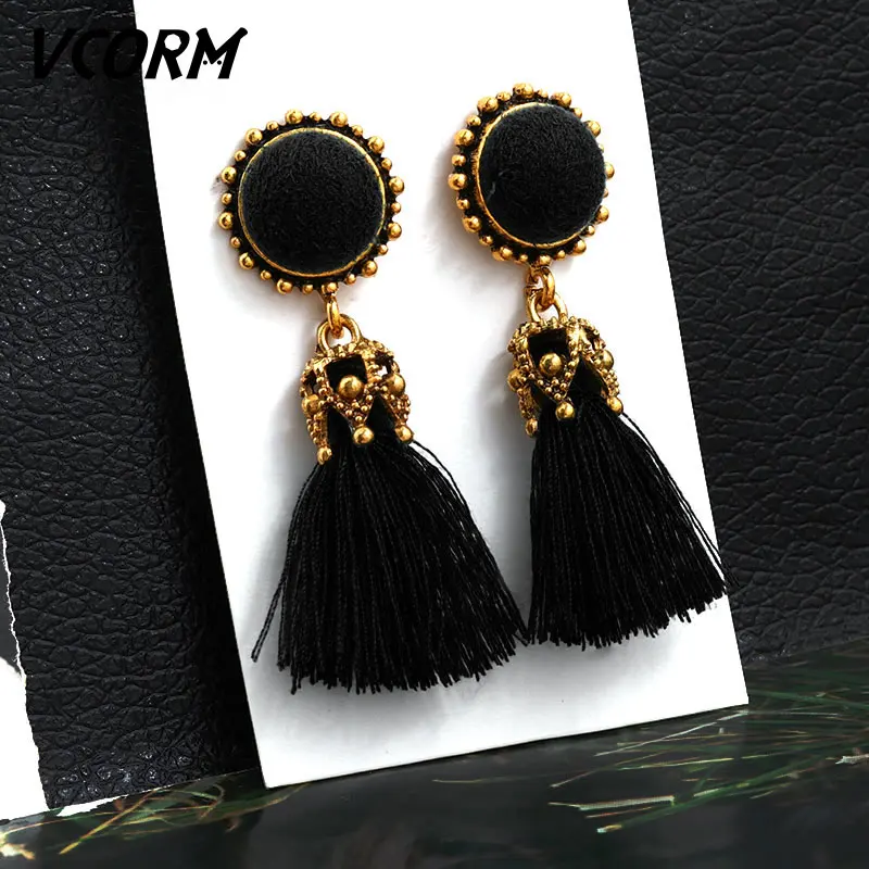 Black 5 VCORM, богемные серьги с кисточками и кристаллами, длинные висячие серьги для женщин, красный хлопок, шелк, ткань, бахрома, серьги, Модные женские ювелирные изделия - Окраска металла: Black 5
