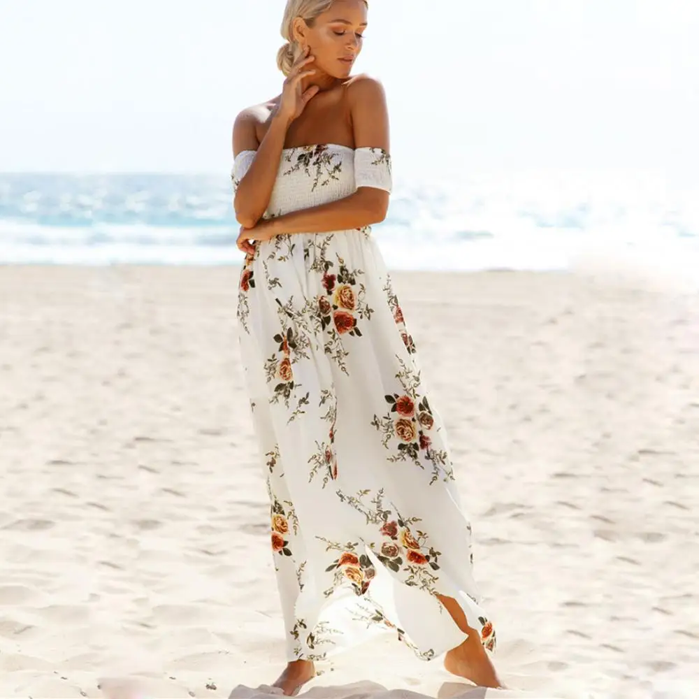 Лето 2017 г. Для женщин Бохо пляжное платье печати слэш Средства ухода за кожей шеи