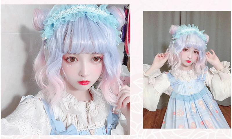 Kawaii красивые короткие вьющиеся женские волосы голубой уникальный парик
