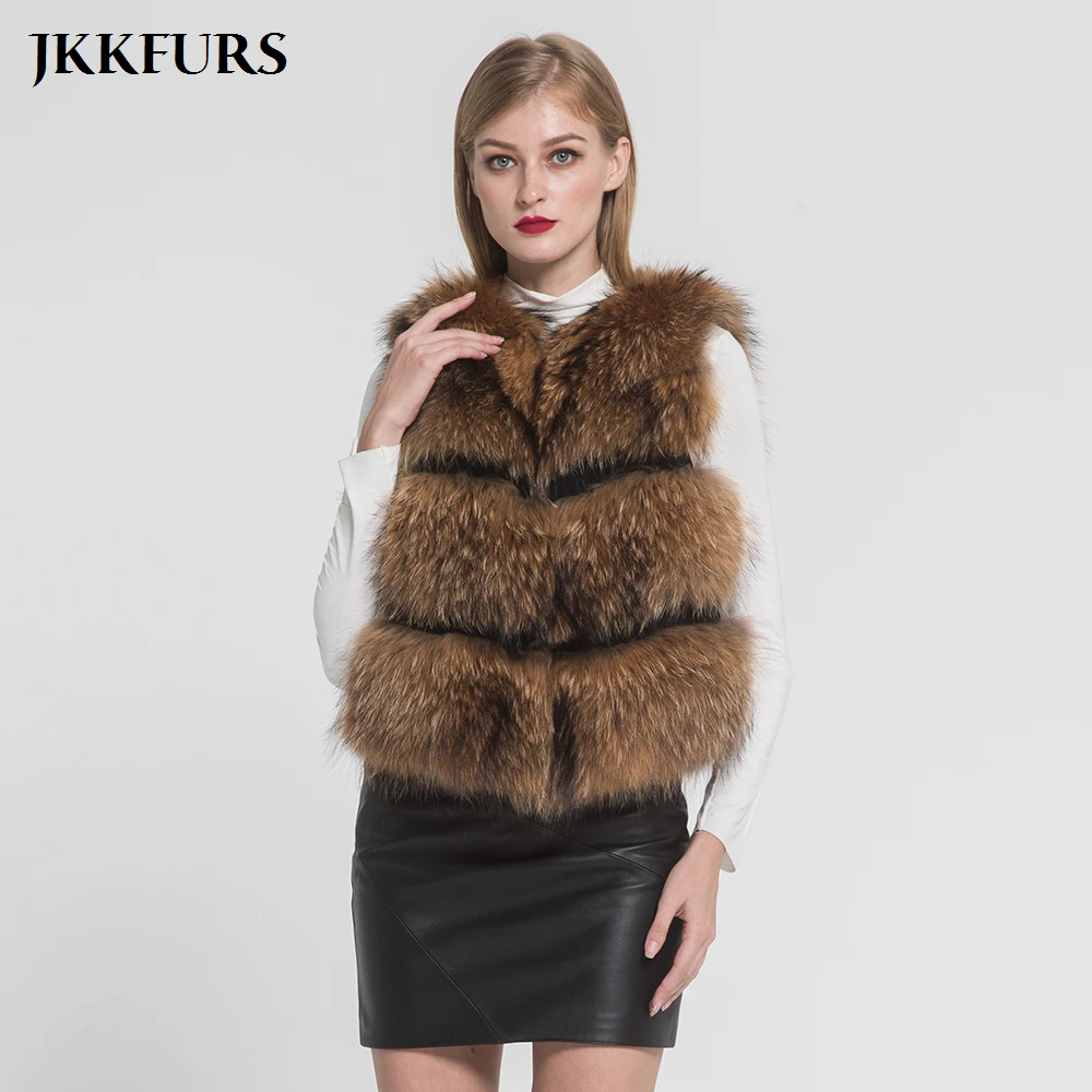 Новое поступление женский жилет JKKFURS из натурального меха енота модный стильный