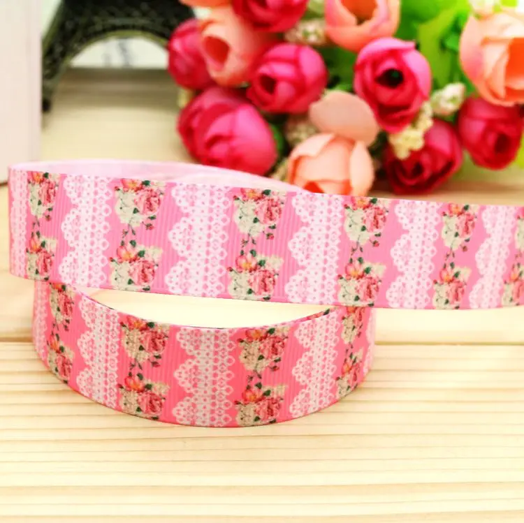 

7/8inch Free Shipping Flowers Printed Grosgrain Ribbon material Headwear Party Decoration Diy Wholesale Craft 22mm P5045