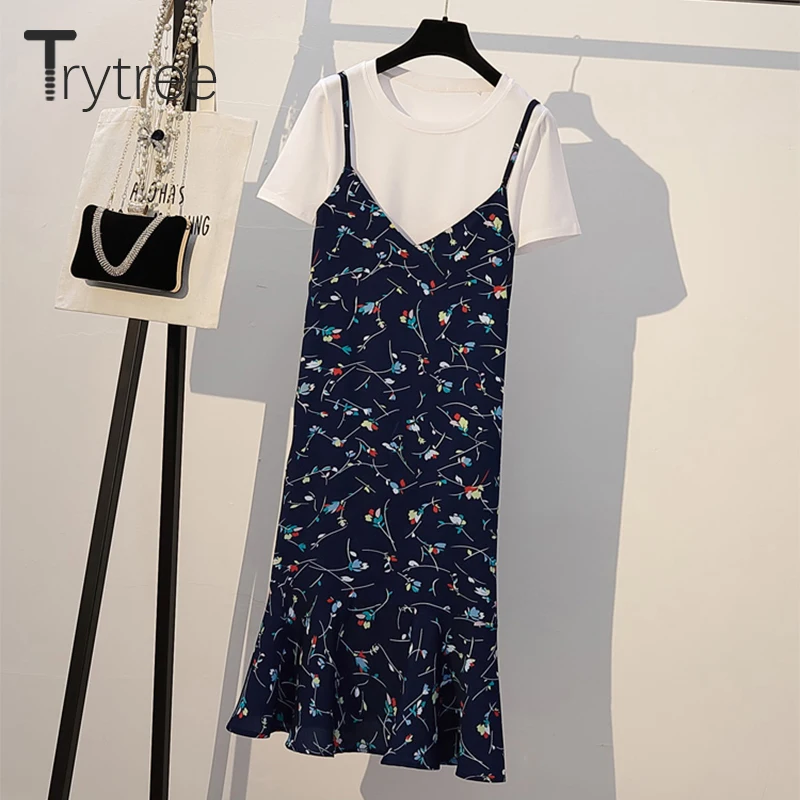 Trytree летний женский повседневный комплект из двух предметов хлопковый однотонный топ+ платье цветочный оборки подол до середины икры Слинг платье костюм комплект из 2 предметов