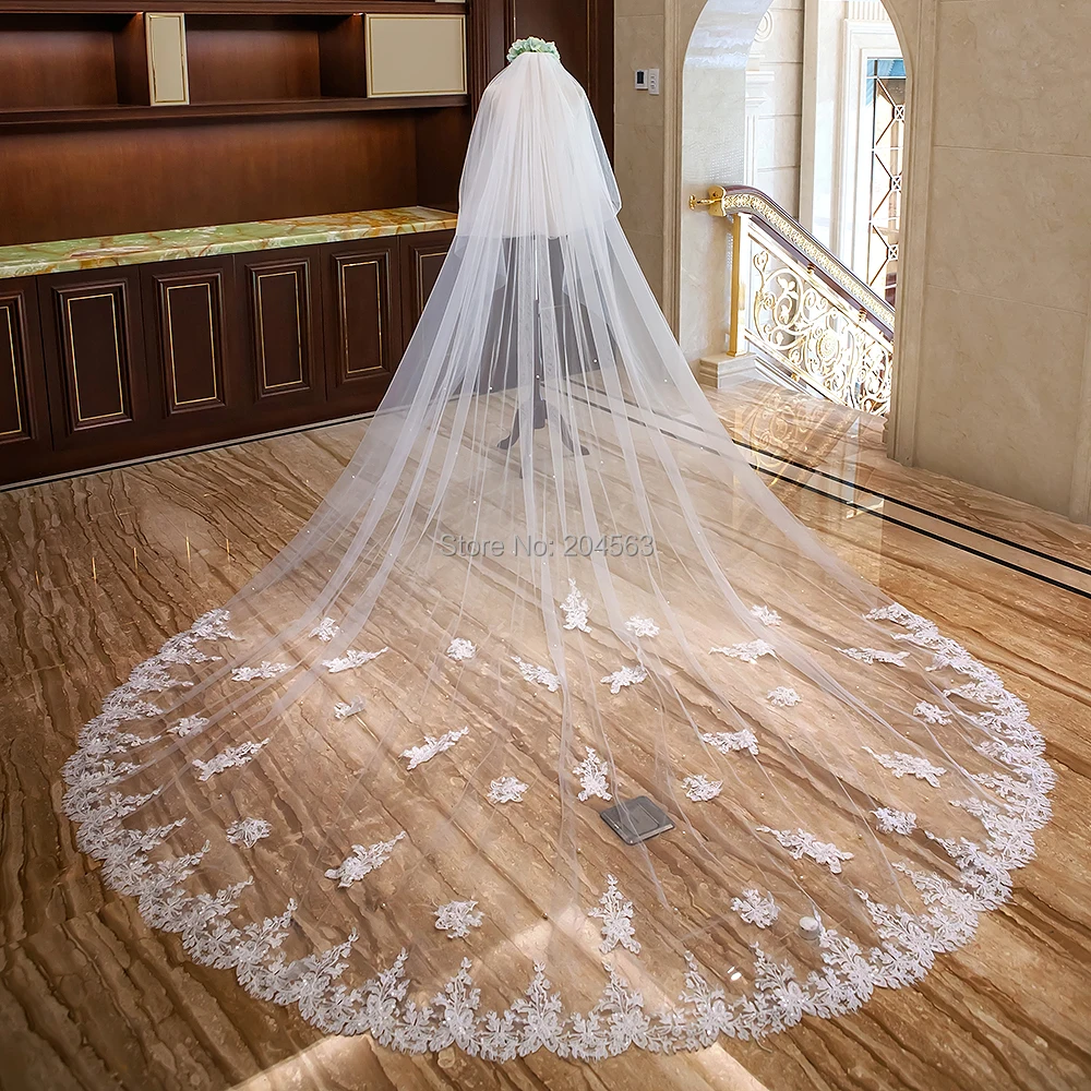 

Stunning Two-Layer Luxury Lace Wedding Veil with Tree Shape Appliques 4 Meters Long Bridal Veils with Comb AX2019